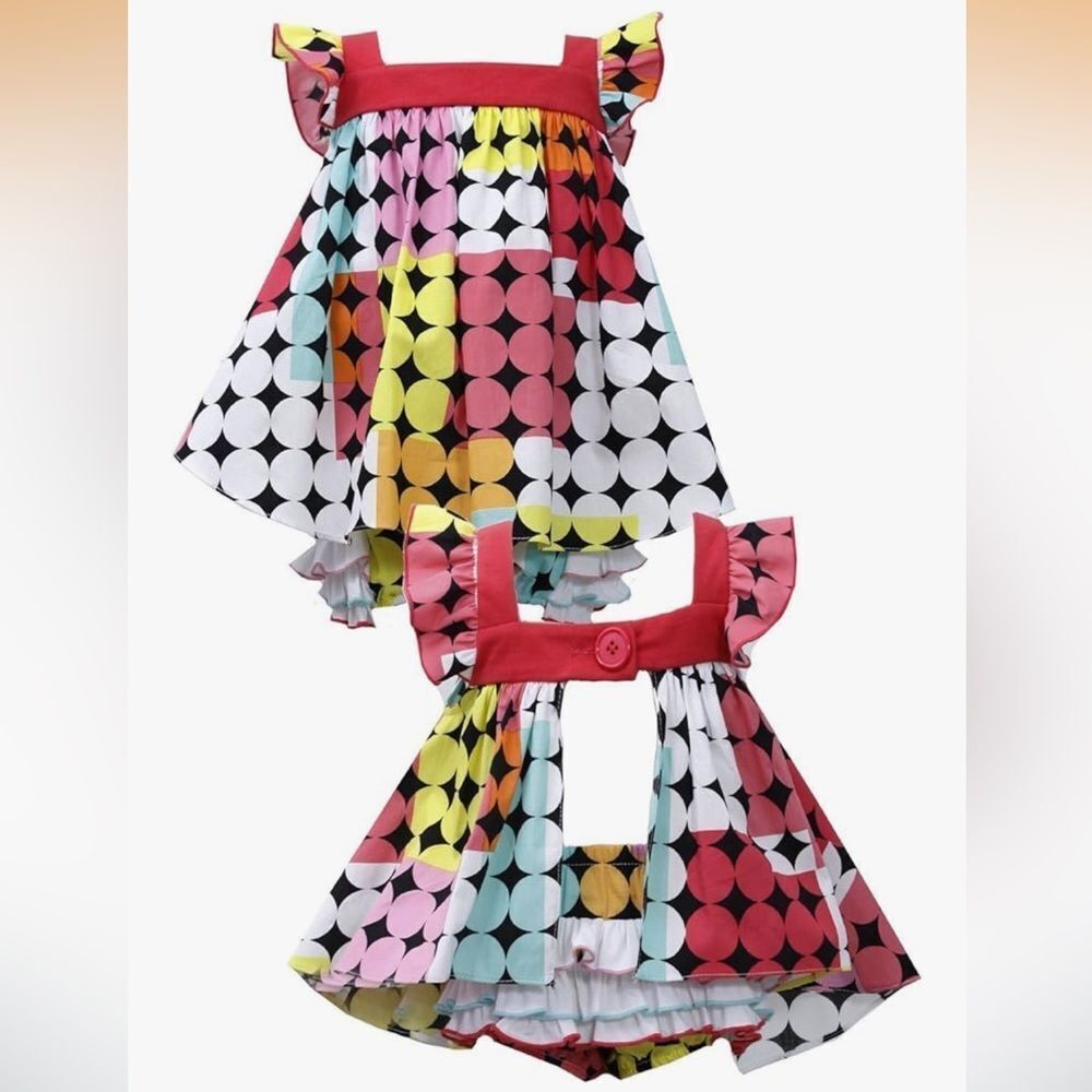 Bonnie Baby geometric multicolor polka dot dress and ruffle bloomers size 24 m